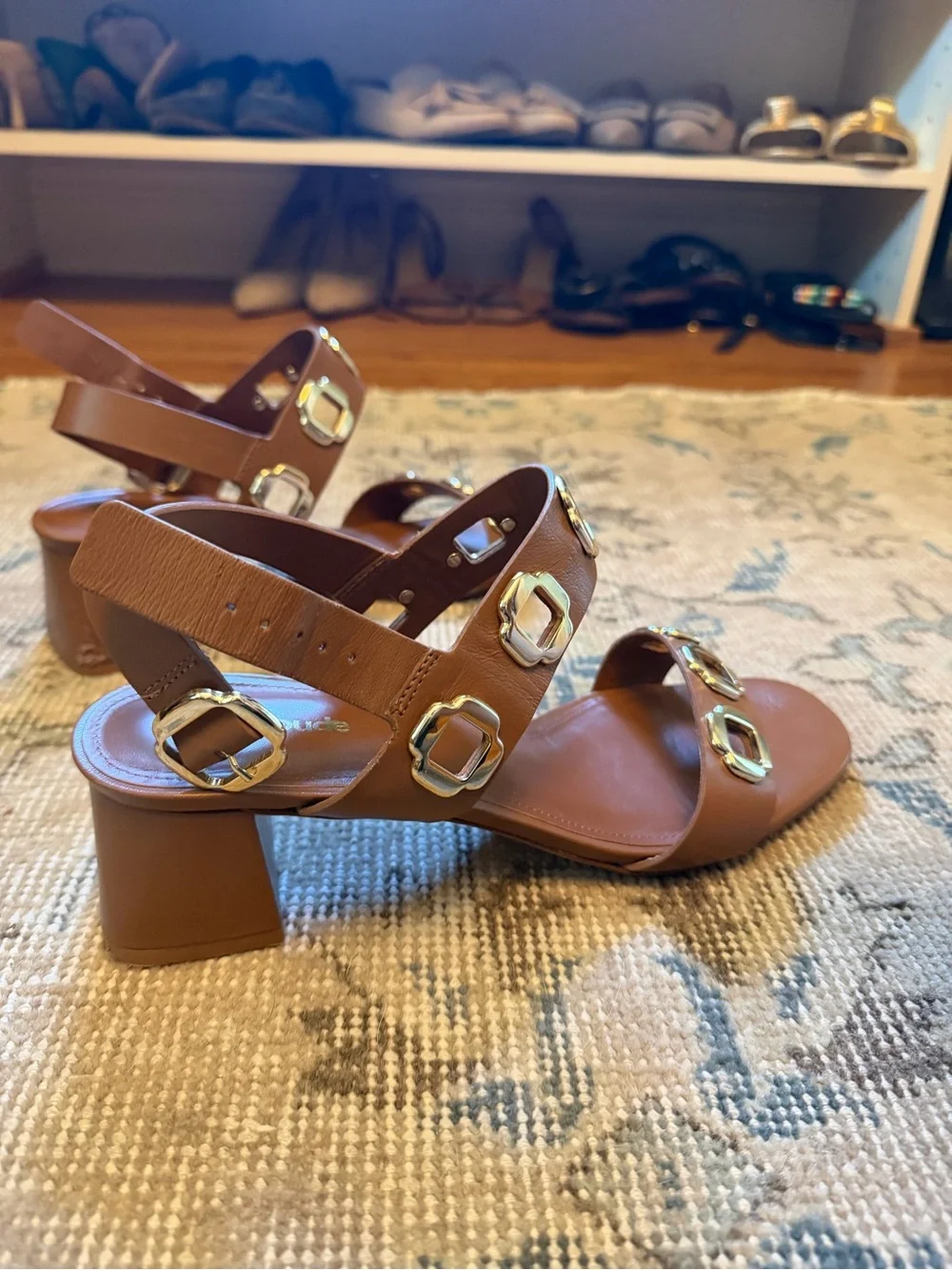 Larroude Brown Leather Strappy Block Heel Sandals with Gold Buckles